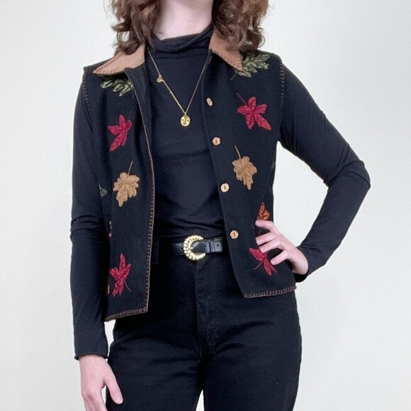 Vintage Wool Fall Leaf Sweater Vest Oversized Sleeveless Jacket Coat Novelty 90s - Picture 1 of 8